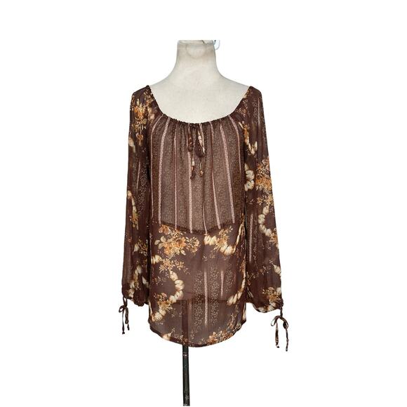 Brown floral long sleeves sheer tunic top Size Large - Picture 1 of 10